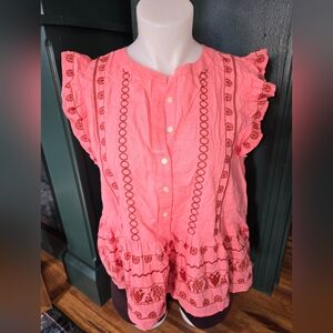 LOFT Floral Embroidered Henley Peplum Top Coral Pink Size Medium Boho Feminine